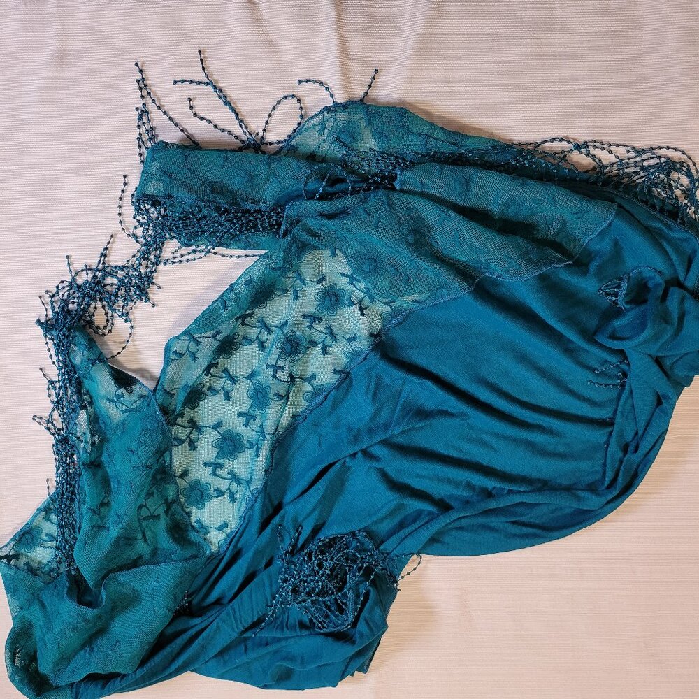 Teal Lace and Fringe Scarf